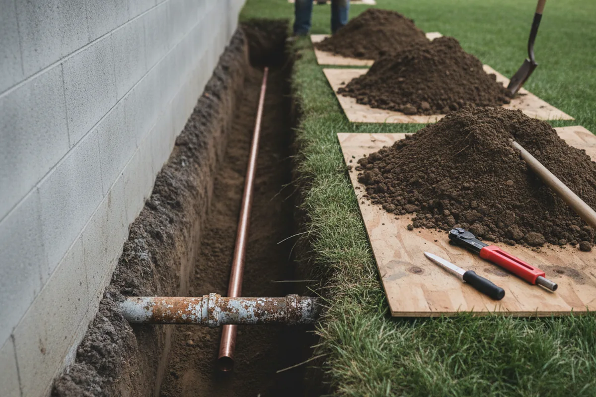 Excavated water line trench during Water Heater Repair in Salida